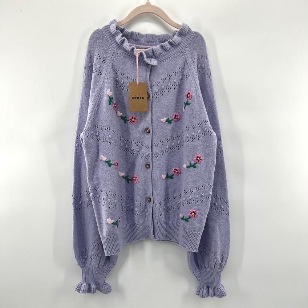 Mini Boden Cardigan Girls 11-12Y Floral Embroidered Wool Blend Balloon Ruffle